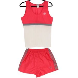 Vintage Adidas Trefoil 80s Womens Size L Coral Red Mesh Tank Top and Shorts Set
